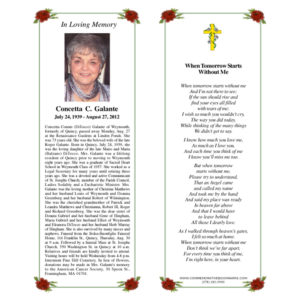 Memorial bookmark with a lady named Concetta C Galante