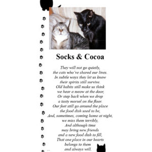 Pet memorial bookmark with two cats named Socks & Cocoa