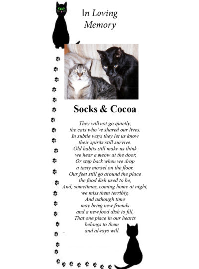 Pet memorial bookmark with two cats named Socks & Cocoa